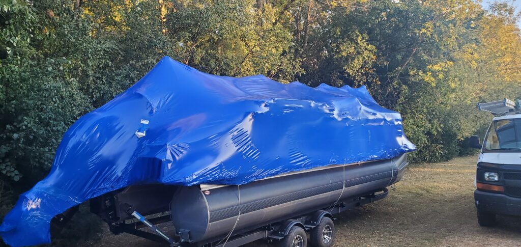 28 FT Pontoon Boat Shrink-Wrap For Winter Storage at Client Location.